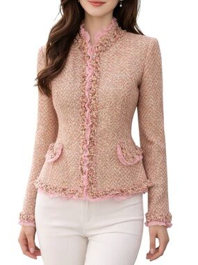 Dana Buchman Vintage Pink Orange Tweed Fringe Pink Ruffle Blazer - 6 P